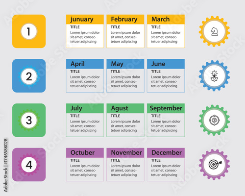 Quarterly Calendar Infographic Template with 12 Monthly Steps,,
