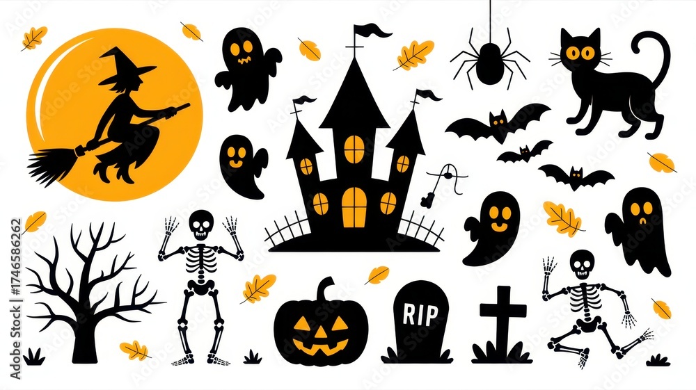 Obraz premium Spooky Halloween Set: A bewitching assembly of iconic Halloween elements, showcasing a witch on a broom, eerie ghosts, a foreboding castle, a grinning pumpkin, and more.