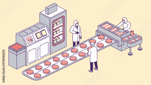 Isometric Illustration of Food Production Line Workers in Protective Gear Inspecting and Packaging Products on Conveyor Belt in Factory.
