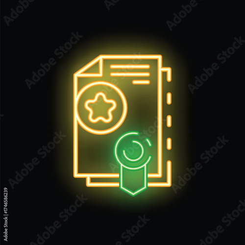 Neon icon of a document receiving a quality assurance guarantee certification with a star and a ribbon