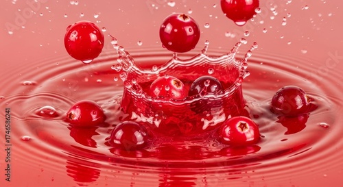Vibrant cranberries splash into rich red liquid creating dynamic ripples and sparkling water droplets, a visually stunning and refreshing capture.