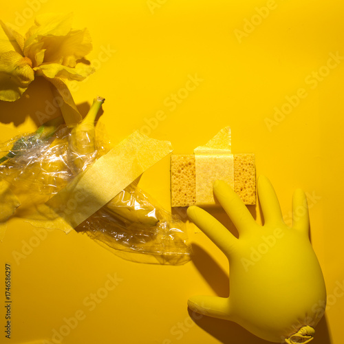 Schilderij op canvas Yellow glove and banana peel float surreal, hints of quirky household alchemy, c