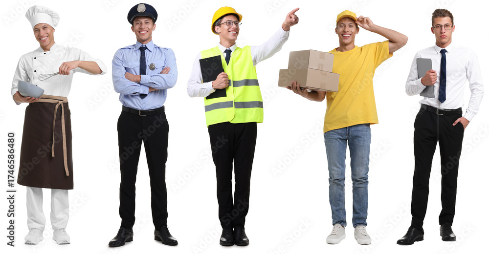 Obraz premium Choice of profession. Same man representing different occupations. Collage of portraits on white background