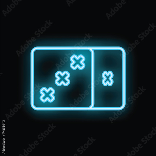 Blue neon sign of domino game pieces is shining on a black background