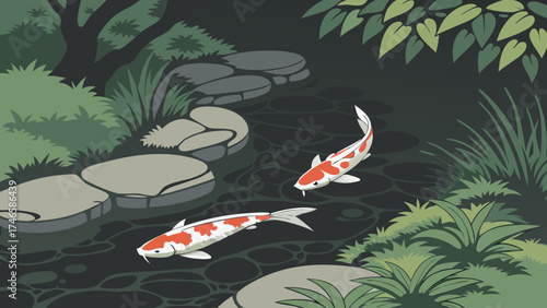 Koi fish swimming in a pond surrounded by lush greenery and rocks.