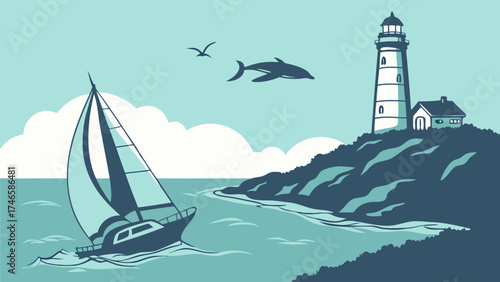 Sailboat approaching a lighthouse on a cliff with a dolphin and seagulls.