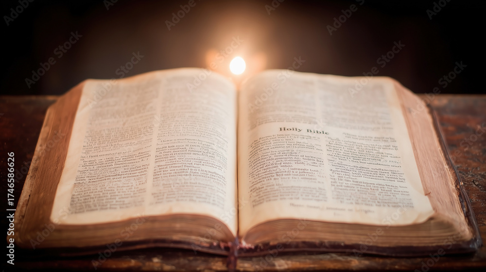 Obraz premium Open Bible resting on a wooden table illuminated by a warm candlelight reflecting Christian faith and devotion