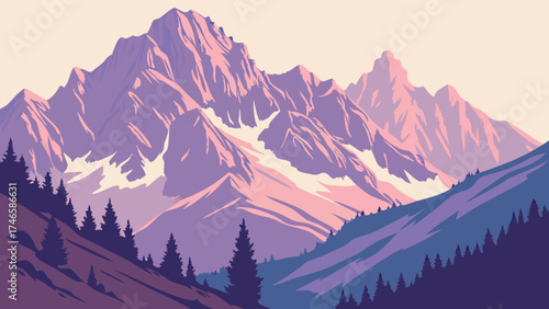 Majestic Mountain Range at Sunrise Serene Landscape Illustration Pink and Purple Hues Vector Art.