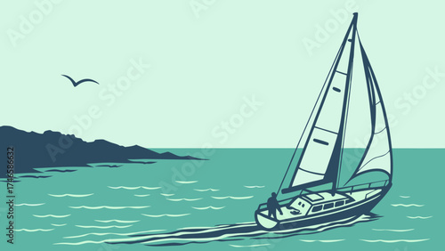 Sailboat on the ocean coastal landscape nautical illustration summer vacation sea travel vector art yachting sailing boat watercraft blue sea ocean view tranquil scene marine life bi.