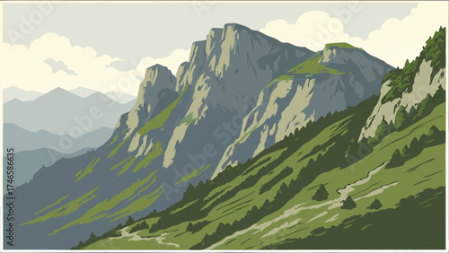 Majestic Mountain Landscape Scenic View Nature Illustration Hiking Trail Green Hills Rocky Peaks Travel Poster Adventure Background.