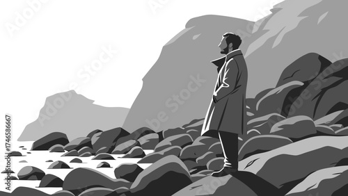 Man in coat contemplating ocean view on rocky shore grayscale illustration minimalist art.