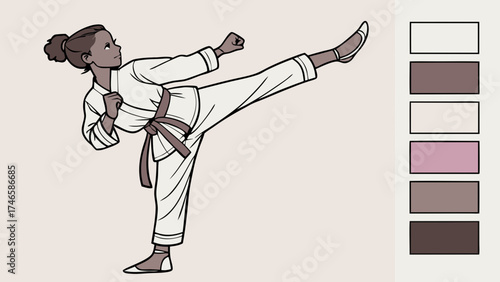 Martial Arts Girl High Kick Karate Taekwondo Illustration Drawing Sport Action Powerful Dynamic Girl Female Athlete Fitness Training Exercise Uniform Belt Leg Pose Active Str.