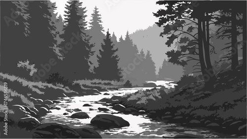 Monotone Forest River Landscape Tranquil Nature Scene with Trees and Water Flowing Through Rocks.