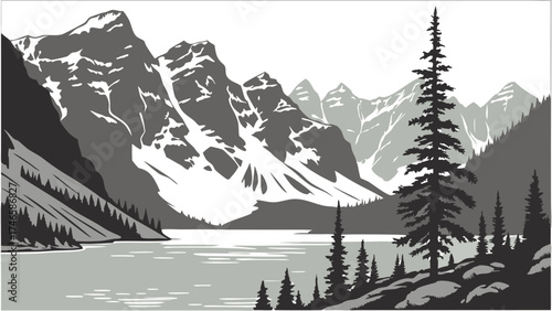 Mountain Lake Landscape Monochrome Illustration Nature Scene Snowy Peaks Coniferous Trees Graphic Design Wilderness Calm Water Scenic View Travel Poster Outdoor Recreation Hiking Camp.