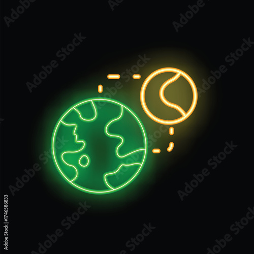 Glowing neon icon of earth orbiting around the sun, representing the concept of a year cycle
