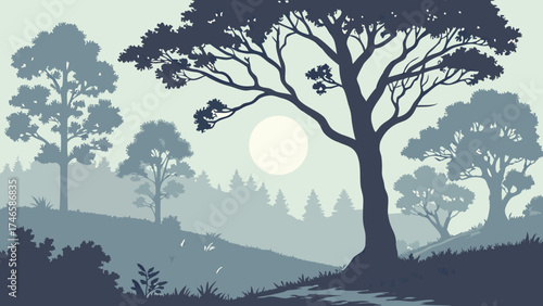 Serene forest landscape with trees grass and a sunlit sky perfect for nature-themed designs and illustrations.