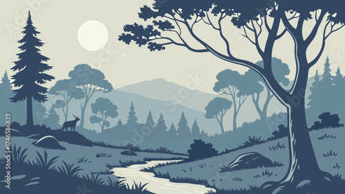Serene Forest Landscape with Creek Mountains and Wildlife Silhouette at Dusk.