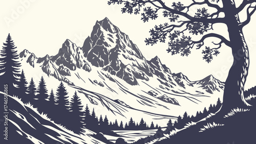 Mountain landscape illustration majestic peaks forest silhouette nature scene vintage style artwork tree branch vector graphic scenic view outdoor design graphic art wilderness illustra.
