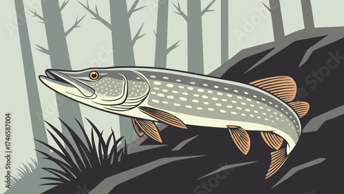 Northern Pike Fish Jumping Aquatic Wildlife Nature Illustration River Fish Predator Fish Fishing Illustration Wildlife Art Underwater Scene Fish in Water Nature Poster Aquatic Animal P.