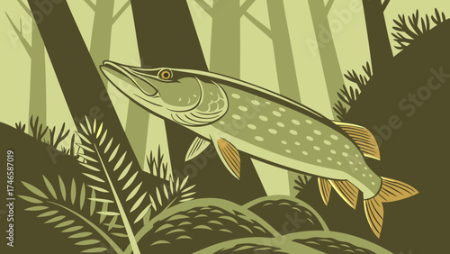 Northern Pike leaping from river in forest wildlife nature illustration aquatic animal.