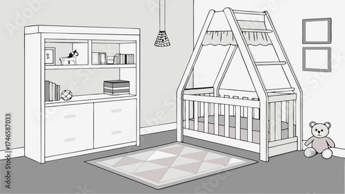 Nursery Room Interior Design Baby Crib Bookcase Teddy Bear Childs Room Decor Geometric Rug Modern Baby Furniture Kids Room Illustration Simple Line Art Minimalist Baby Room Cartoon Nurs.