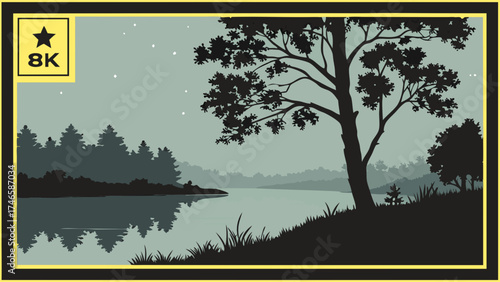 Serene lake and forest silhouette at twilight peaceful nature scene 8k resolution illustration.