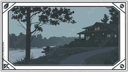 Serene Lakeside Cabin at Dusk Illustrated Landscape for Print Web and Design Projects.