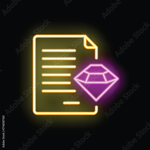 Neon icon of a document with a bright shining diamond symbol on a black background