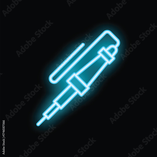 Blue neon icon of a soldering iron glowing against a black background