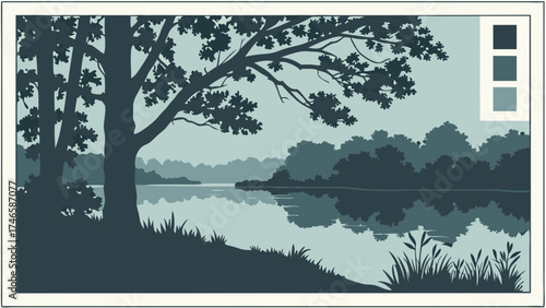 Serene Lakeside Landscape Tranquil Nature Scene with Trees and River Reflection Illustration.