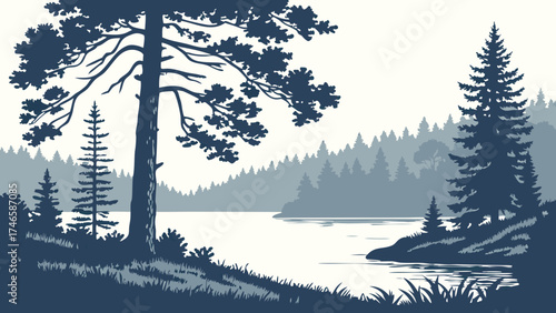 Serene Lakeside Forest Landscape Silhouette Illustration Nature Scene Peaceful River Coniferous Trees Blue Tones Vector Art Graphic.