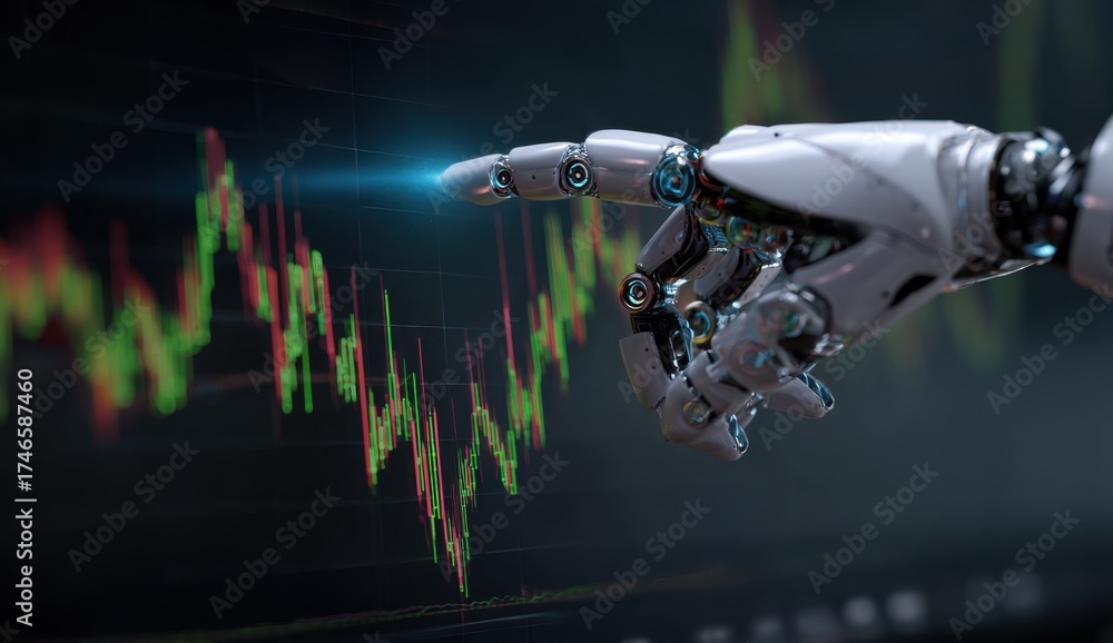 Fototapeta premium Futuristic robotic hand interacting with digital stock market data visualization