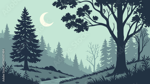 Serene Night Forest Silhouette Moonlit Woodland Landscape Peaceful Nature Scene Tranquil Forest Illustration.