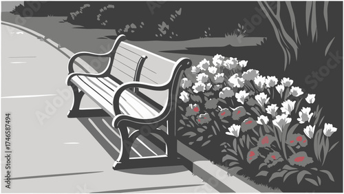 Park bench with flowers garden spring summer peaceful scene outdoor seating tranquil nature relaxation rest area illustration graphic design monochrome grey scale botanical floral.