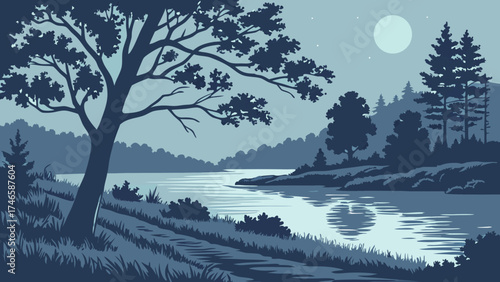 Serene Night River Landscape Tranquil Nature Scene with Trees Moon and Stars.
