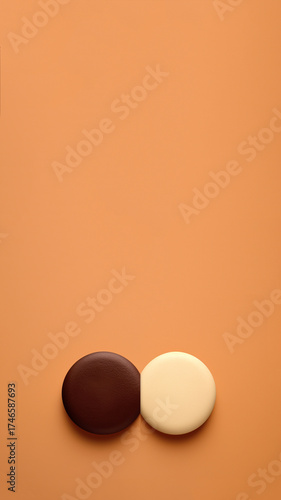 Two round chocolates, dark and white, on an orange background, perfect for food, dessert, and confectionery stock photography. Vertical shot for reel or stories