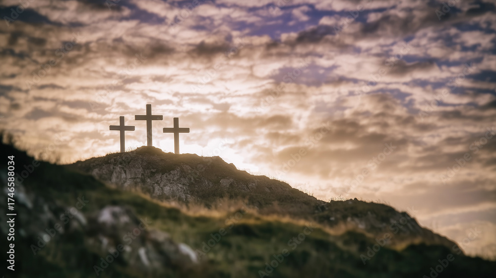 Obraz premium Christianity symbolized by three crosses on a hill at sunset with colorful clouds overhead