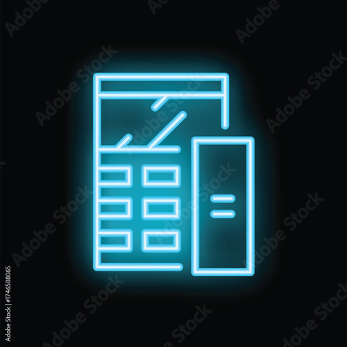 Glowing blue neon icon of a pos terminal accepting a contactless payment