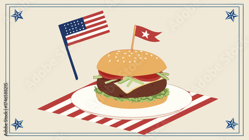 Patriotic Hamburger Illustration Delicious Burger with American and Star Flags on a Plate.
