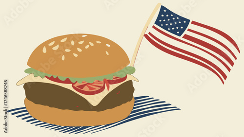 Patriotic Hamburger with American Flag Illustration 4th of July BBQ Summer Food Fast Food Cheeseburger Design.