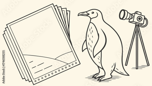 Penguin photography illustration wildlife animal camera on tripod blank photo paper design element for print web childrens book card postcard logo nature photography graphic art cute.