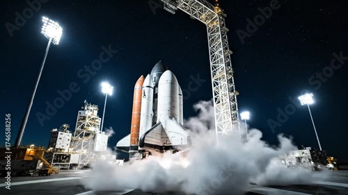 A powerful space shuttle stands illuminated on its launchpad at night, surrounded by plumes of smoke and bright floodlights.