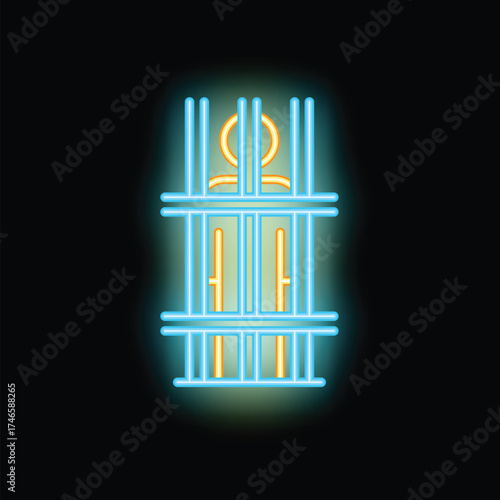Bright neon icon of prison bars glowing on dark background