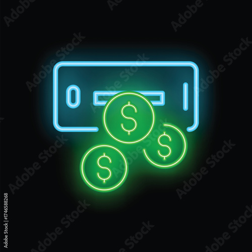 Neon atm cash machine dispensing three dollar coins icon on a black background