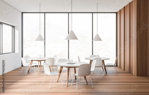 Modern cafe interior with white chairs, wooden round tables, pendant lights, and large windows in a minimalist style on a wood-textured background. 3D Rendering