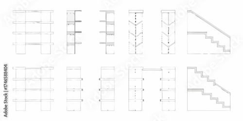 Collection of hand drawn architectural design elements featuring shelving units and staircase designs