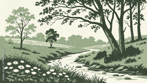 Serene River Landscape Green Nature Illustration with Trees Flowers and Stream.