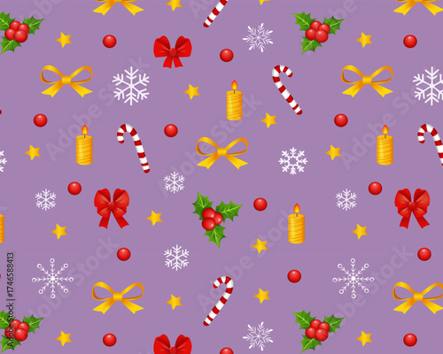 Seamless Christmas pattern with festive elements on purple background