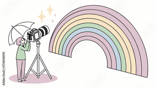 Photographer taking a picture of a rainbow with a camera on a tripod.