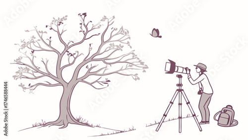 Photographer taking nature photos with a telephoto lens and tripod near a tree and butterfly.